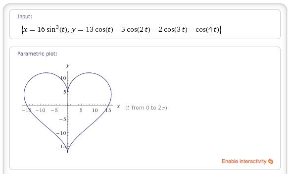 x = 16 sin^3 t, y = (13 cos t - 5 cos 2t - 2 cos 3t - cos 4t)